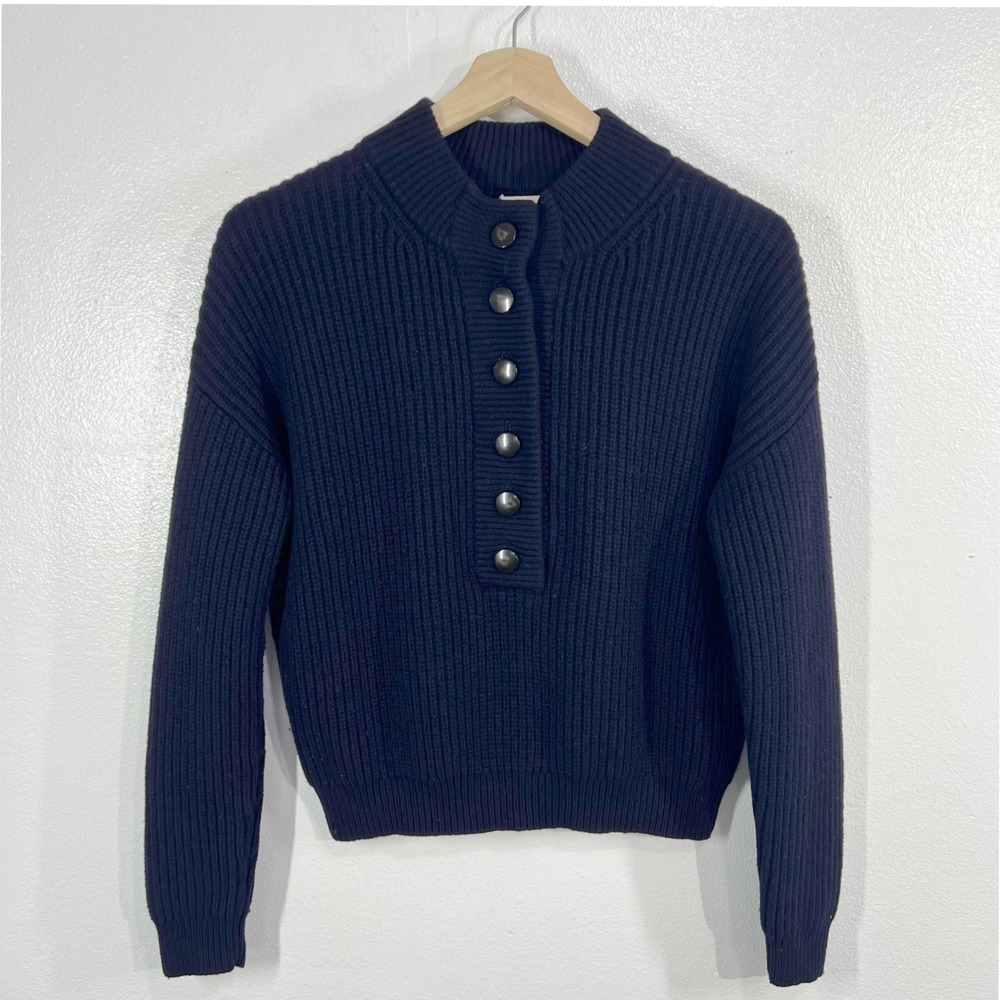 Sezane Jacob Jumper Small Navy Blue Merino Wool Button Henley Mock Neck Sweater - Picture 2 of 11